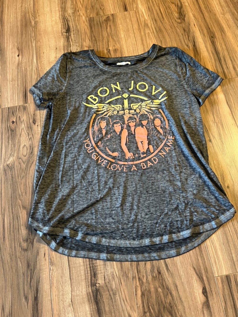 Bon Jovi Graphic Band Tee in Charcoal with Yellow & Orange Print
